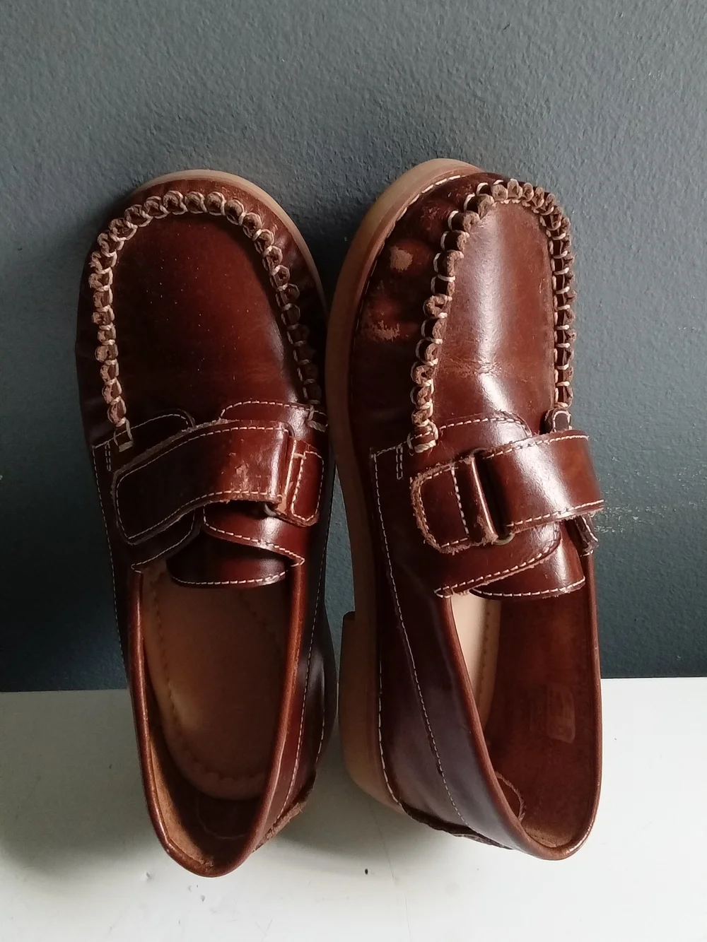 Elephantito Boys Leather Moc Toe Loafers Brown Hook Loop Strap Size 1 EU 31